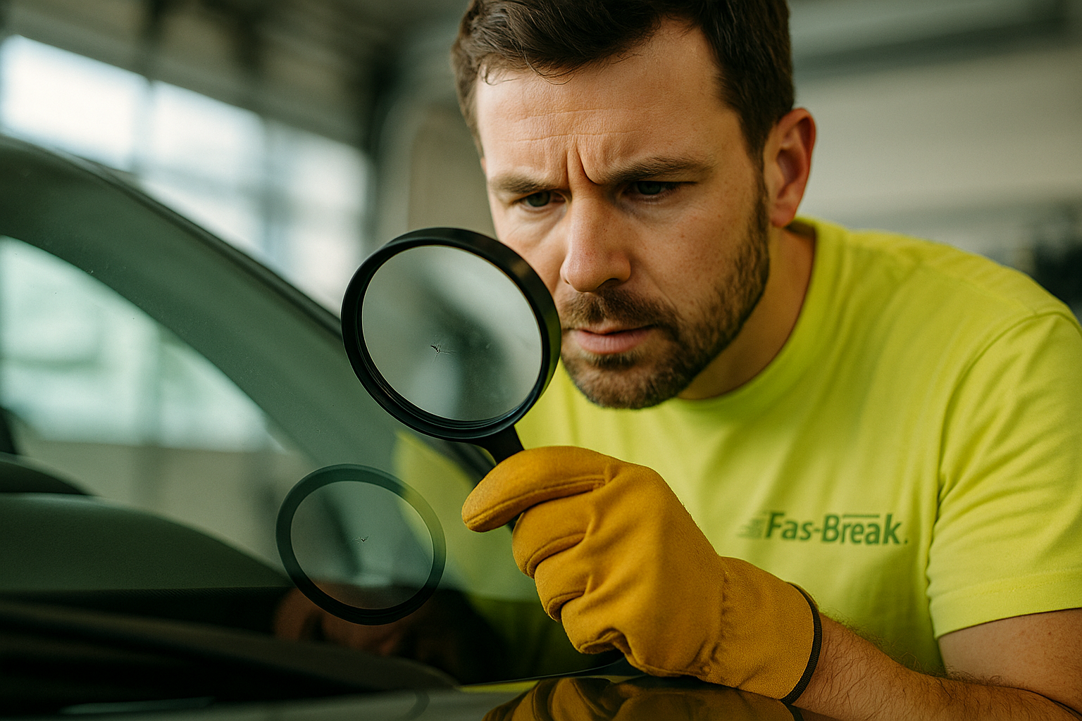 worker inspecting car glass