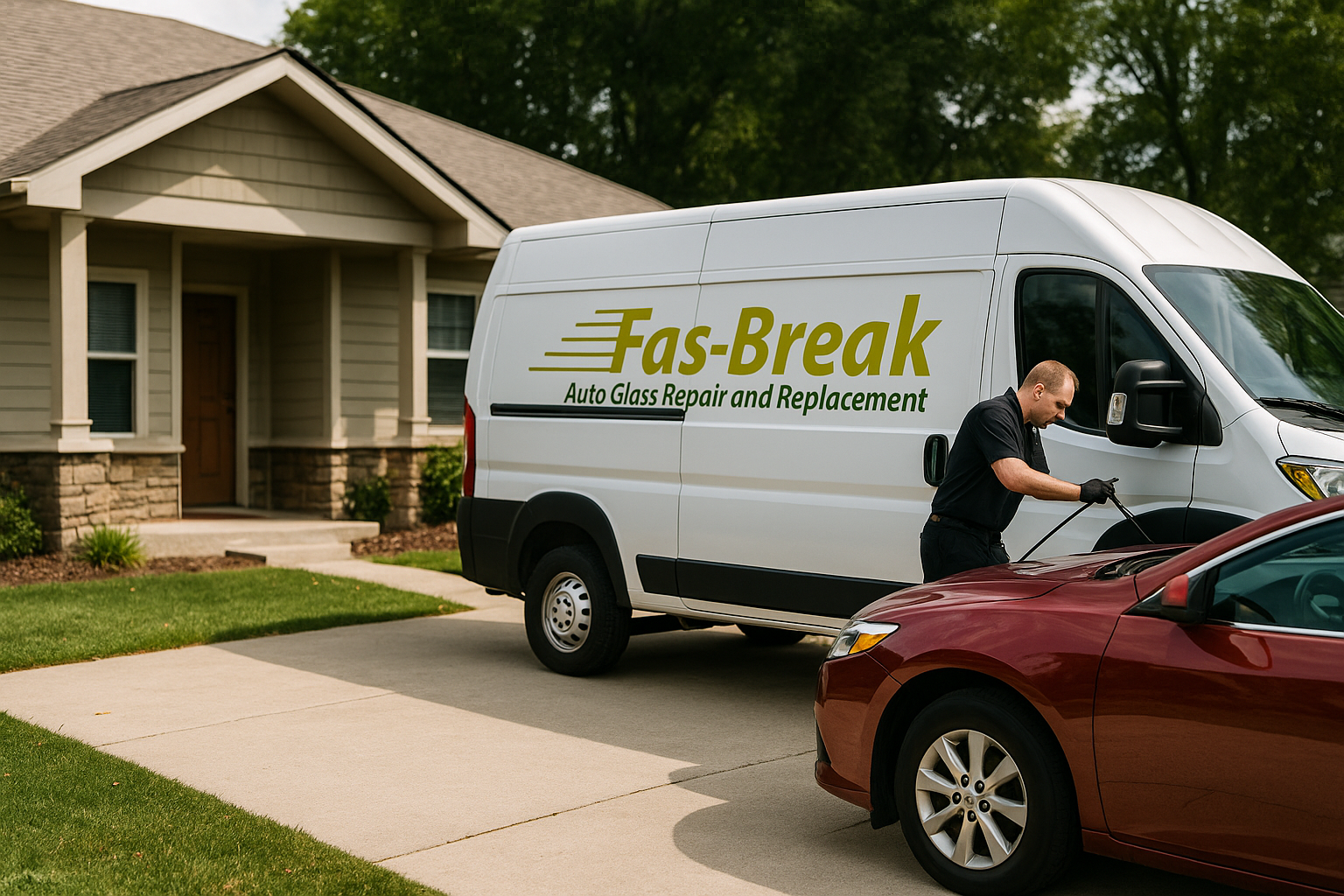 van stopped in front of a house